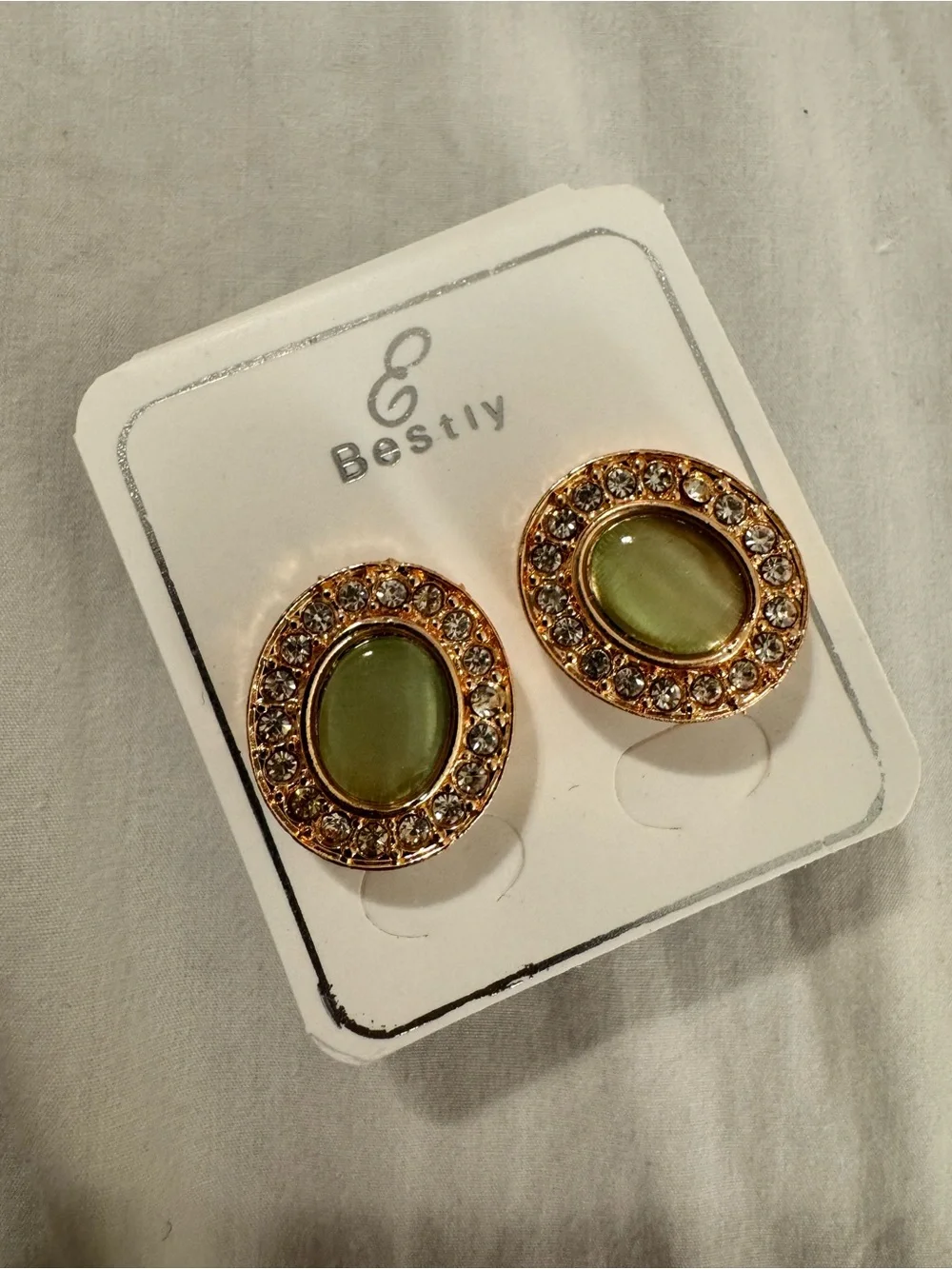 Gold & Green Oval Crystal Stud Earrings